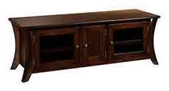 Our 60" custom tv cabinet has 3 doors, the simple curved legs, and is shown here in Brown Maple wood with a rich tobacco stain.