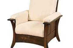 Seen here is our custom Amish made arm chair with white cushions. The padded arms are optional and any stain color is possible. This chair is designed with comfort in mind.