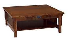 Mission style 42" square coffee table with a drawer is shown here.