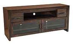 This tv stand is 66" long and has 2 large doors, 2 small drawers, and an open space for your components.