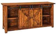 Here is one of our sliding barn door tv cabinets done in Brown Maple wood. Open shelving is shown here one the ends for storage.