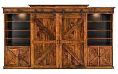 This is our 4-piece large Amish built wall unit entertainment center. Its seen here with sliding barn door type glides, lighting, and several adjustable shelves.