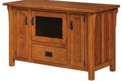Our Amish built Elliot plasma cabinet has smoked glass to hide the components inside. It is shown with the Mission slats on the ends.