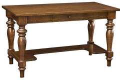 This is our Harvest library table done in Oak wood with a dark stain. Notice how the shelf underneath is set it so you will have room for you feet.