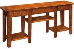 Our Homestead sofa table is seen here in an extra wide size. Shelves and drawers highlight the storage space.