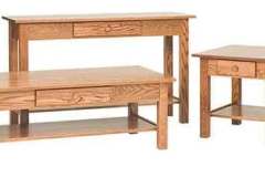 Here is a full set of custom Amish built Open Mission occasional tables. Each piece has a storage drawer.