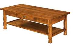 Seen here is our custom Amish built Rock Island coffee table.  Crafted out of solid 1/4 sawn white oak with full extension drawer and magazine storage shelf.