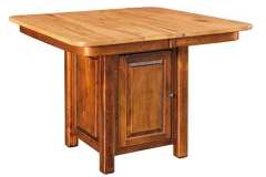 The Amish custom made Shiloh Pub and Bistro Table features enclosed storage in the pedestal.  Shown crafted out of solid rustic cherry with natural top and Michael's Cherry pedestal and apron.