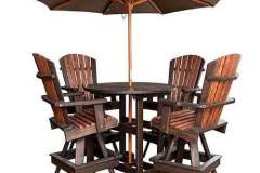 This shows the custom Amish made 42" high pub table, the Adirondack swivel pub chairs, and the optional umbrella. The two-toning on this set is Kona & Charred Rosewood.