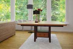 This two tone custom Amish made Manhattan table has both a shelf and a drawer under the top for storage. Several sizes, table edges, and stains can be used for this tables. You can even have in made in two different woods like you see here.