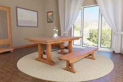 Our popular Amish crafted Taylor trestle table with cast iron stretcher shown crafted out of solid brown maple.  Pictured with our Taylor kitchen bench that can be made in any length to match perfectly with you dining room table.