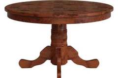 Check out our round Amish built Traditional Single Reeded Pedestal table. It can be made in different sizes and can have up to 2 leaves. Many choices are available in wood species and stains.