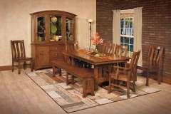 The chairs, bench, and china cabinet go well with this table. It is the custom Amish Olde Century Mission style.