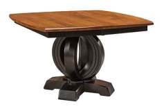 Single pedestal version of the custom Amish built Saratoga table. Crafted out of solid brown maple and finished in a two toned in Michael's Cherry and ebony stain.